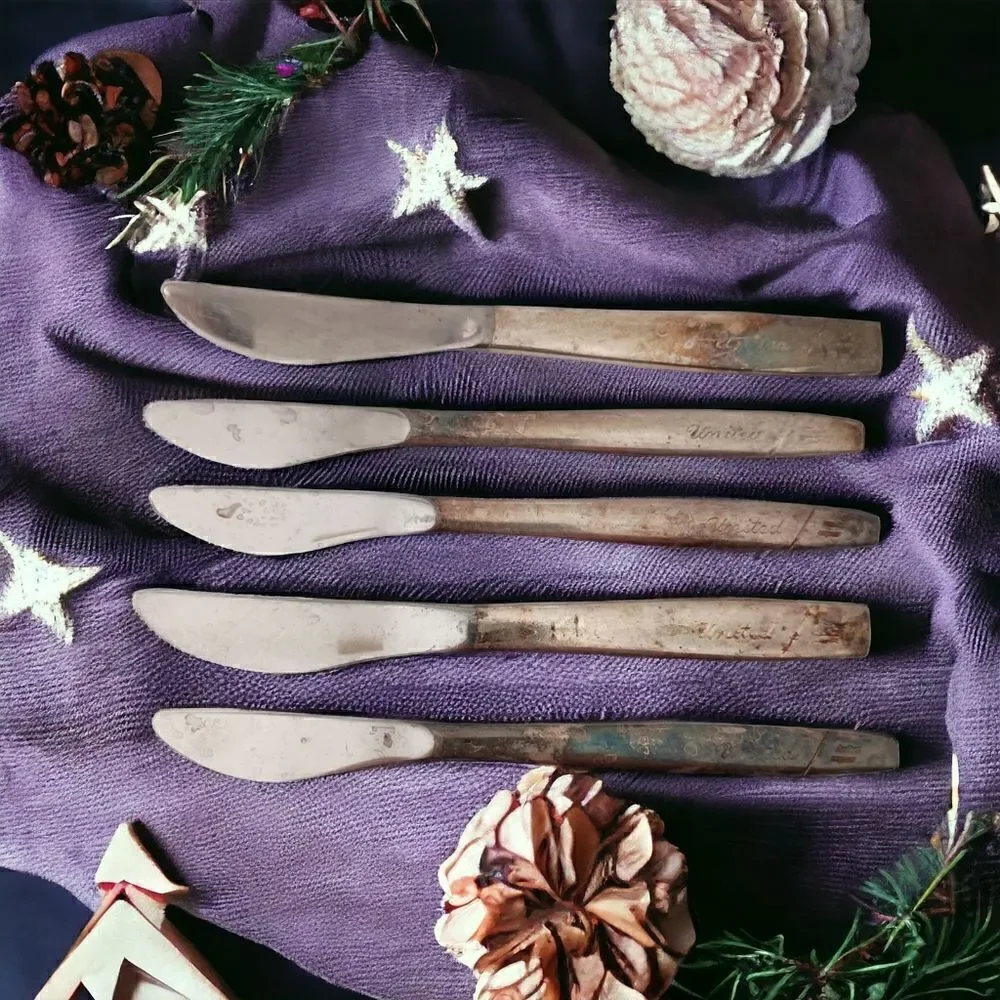 Vintage United‎ Airlines Knives Knife Lot x 5 Silver Plate Flatware Silverware.